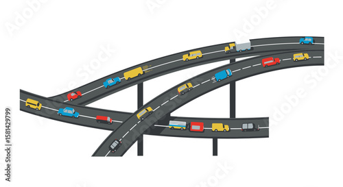 Cartoon Highway Overpass with Colorful Cars and Trucks Illustration.