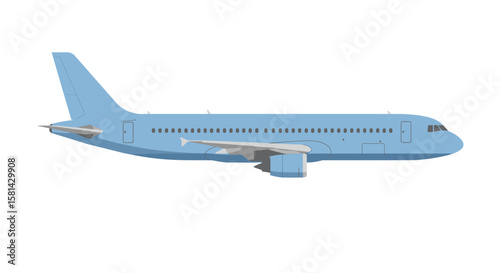 Light Blue Passenger Airplane with Gray Wings and Tail Fins Side View.