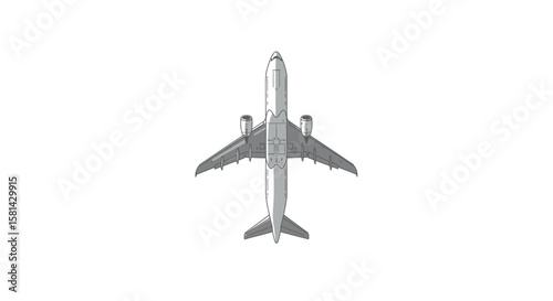 Top-Down View of a Gray Commercial Airplane Illustration with Engine Details.