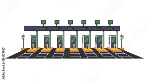Cartoon Toll Booth Plaza with Multiple Lanes and Payment Stations.