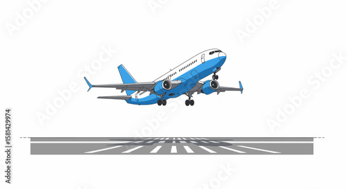 Blue and White Airplane Taking Off from Runway Illustration.