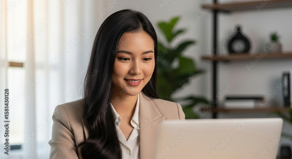 Close-Up of Asian Female Professional Smiling at Laptop Close-Up of Asian Female Professional Smiling at Laptop