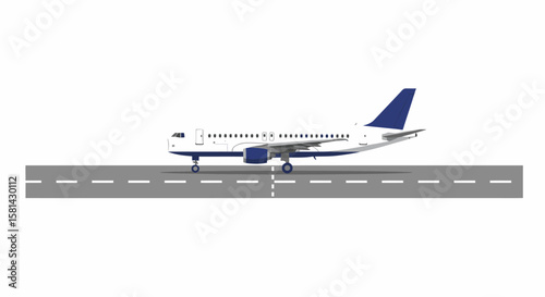 White and Blue Airplane on Runway Vector Illustration.
