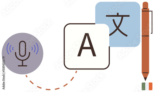 Microphone icon, language symbols, and pen illustrating translation, transcription, and multilingual communication. Ideal for education, learning, technology, AI communication language tools