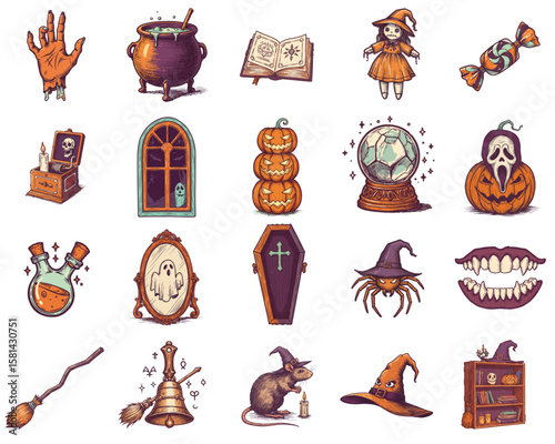Vintage Halloween Icons Set. Engraved Spooky Witchcraft Elements: Cauldron, Pumpkins, Skull, Magic Potion, Broom. Isolated Mystical Clipart Collection