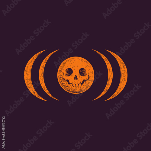 Halloween Skull Icon. Vintage Engraved Mystical Crescent Waves. Occult Esoteric Symbol, Death Art Illustration