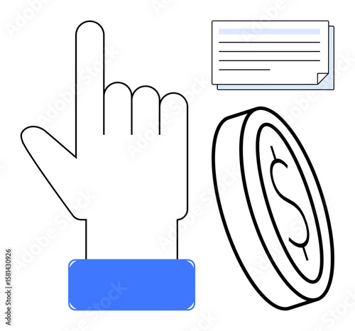 Hand pointing upwards, dollar coin, and document symbolizing decision-making in business, investment, and finance. Ideal for payment systems, contracts, savings banking strategy growth. Simple