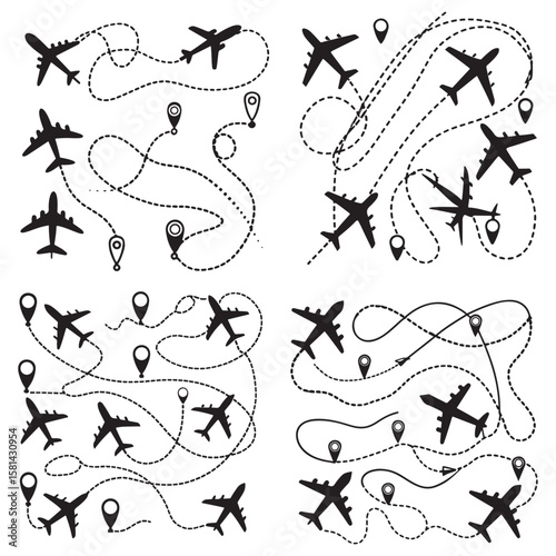 Line path vector icons of air plane flight routes with start point and 
dash line trace.