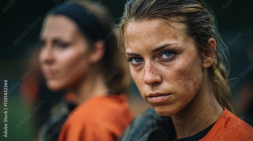 Obraz premium Determined athlete looks directly at camera after competition, dirt on face.