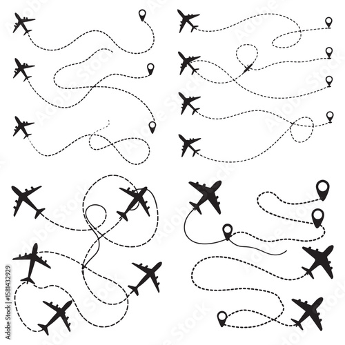 Line path vector icons of air plane flight routes with start point and 
dash line trace.