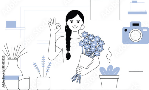 Woman with flowers gives okay sign near camera, perfect for flower shop or tutorial content.