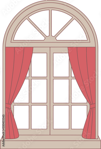 Arched window with red curtains illustration, a charming architectural element for design projects.