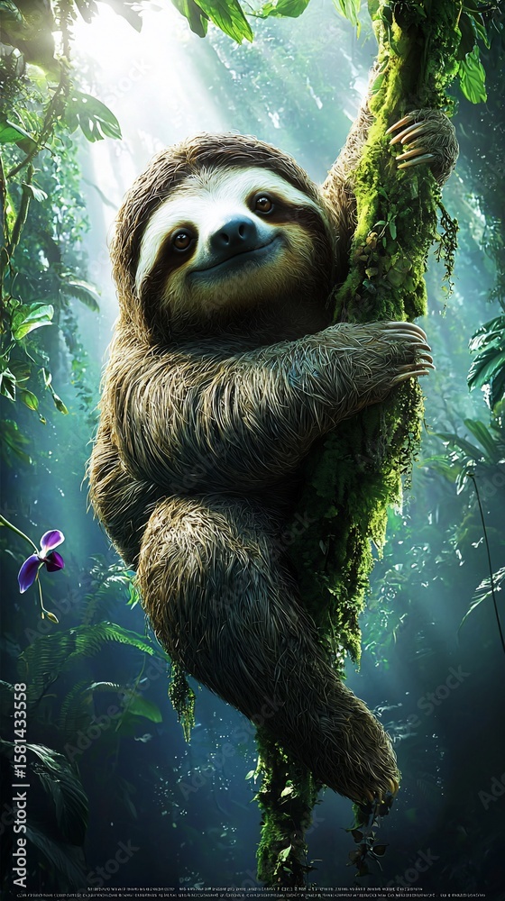 Naklejka premium Smiling Sloth Hugging Mossy Tree in Lush Rainforest with Sunlit Mist