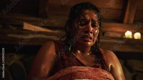 Intense emotional distress of a woman in distress during an unseen horror ordeal