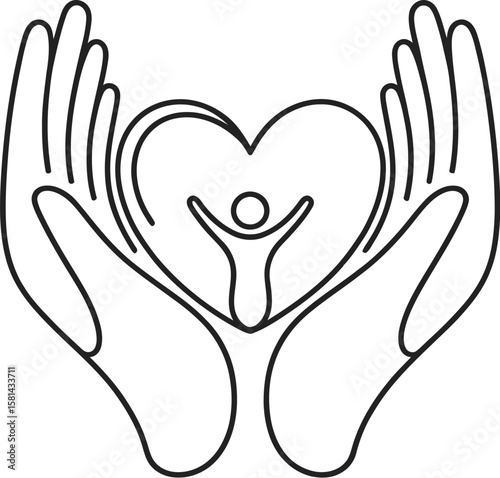 Hands holding a heart with a person inside symbolize love, care, and support concept.