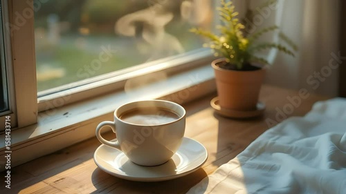 Wallpaper Mural Cozy Morning Coffee by the Window with Sunlight and Plant.  Torontodigital.ca