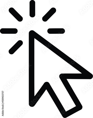 Clicking cursor icon with rays represents a digital pointer, selection, and user interface action.