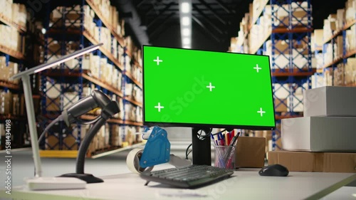 Empty storage room depot shows screen with copy space mockup, fulfillment center shipping cargo packages for online shopping e-commerce business. Local brand stock room.