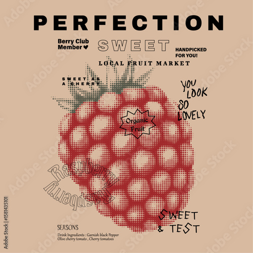 summer vector graphics for food tees. Vintage Doted effects raspberry fruit, hand writing text slogan, Raspberry vector illustration, berry t-shirt graphic.