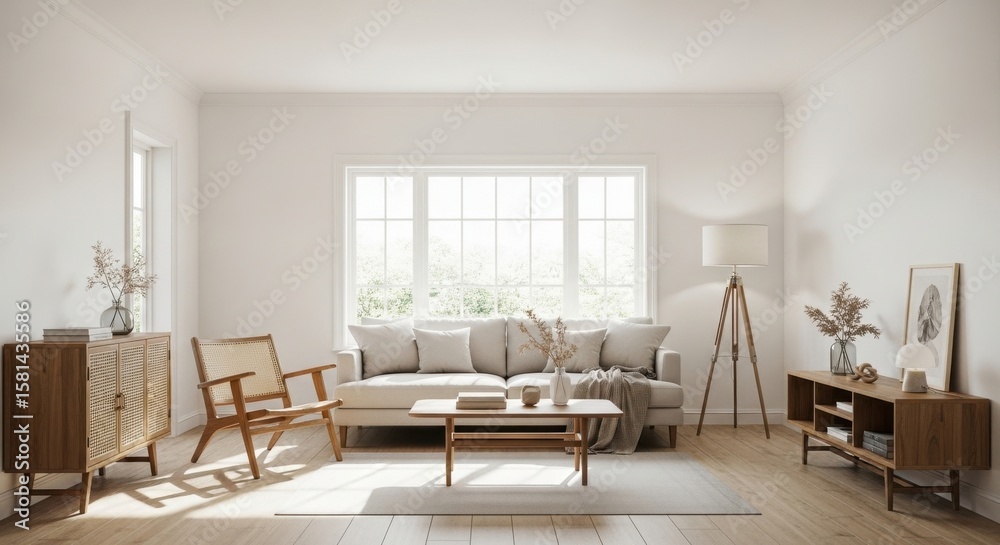 Fototapeta premium Serene Minimalist Living Room: Sunlight Drenched Scandinavian Design