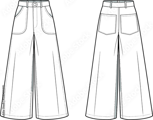CAD drawing flat vector illustration of wide-leg pants front and back view, fashion apparel sketch, garment technical design