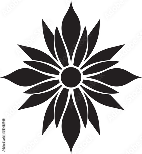 Abstract black flower silhouette with geometric petals and central circle