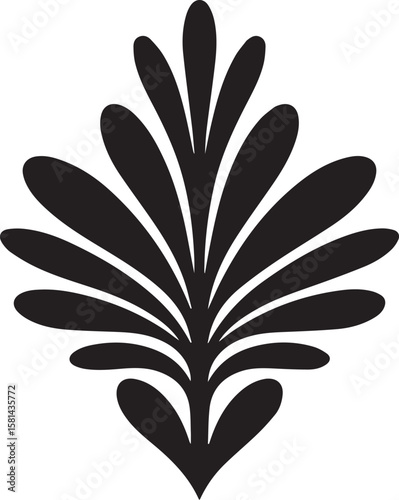 Elegant black stylized leaf or feather motif on white background