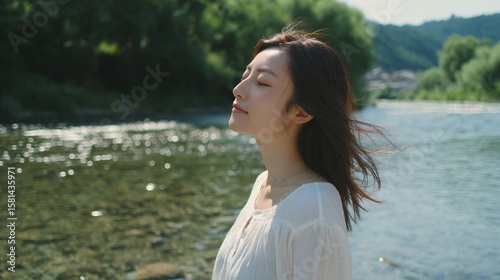 Japanese Woman by Tranquil River/静かな川辺の日本人女性4