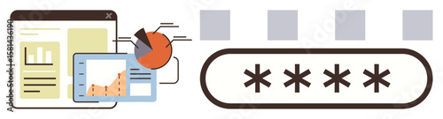 Data analysis charts, pie chart, and line graph paired with a password entry interface. Ideal for analytics, cybersecurity, software, technology, research, online access and digital marketing