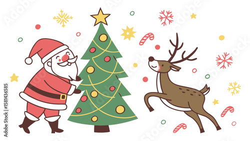 Cute christmas santa claus with reindeer and christmas tree vector art illustration design holiday season