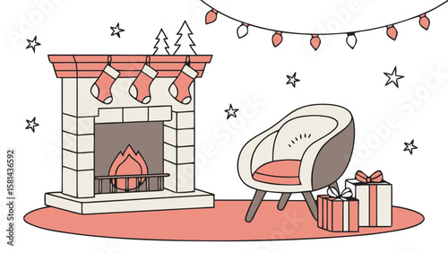 Cozy christmas living room scene with fireplace chair gifts and decorations vector illustration design