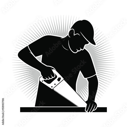Carpenter in silhouette using a hand saw to cut wood with radial lines background