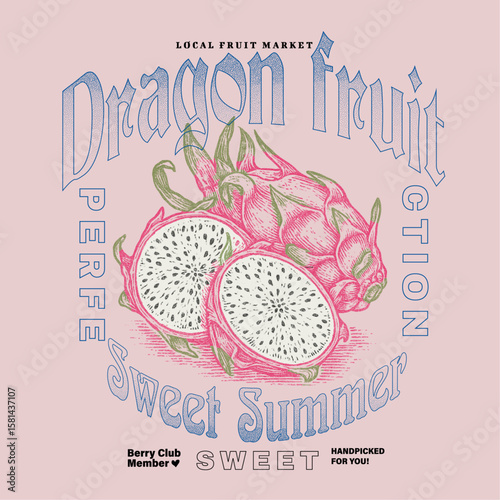 Dragon Fruit tee shirt graphics design in vector. vintage doted graphics. tropical summer fruit print design. pink fruit fashion for women's girls. retro fashion print. t-shirt design artwork.