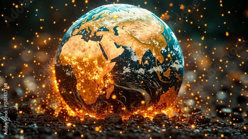 A dramatic depiction of the Earth shattered into fragments, symbolizing global chaos, division, and conflict. Dark tones and cracks emphasize instability, crisis, and a fractured world order.

