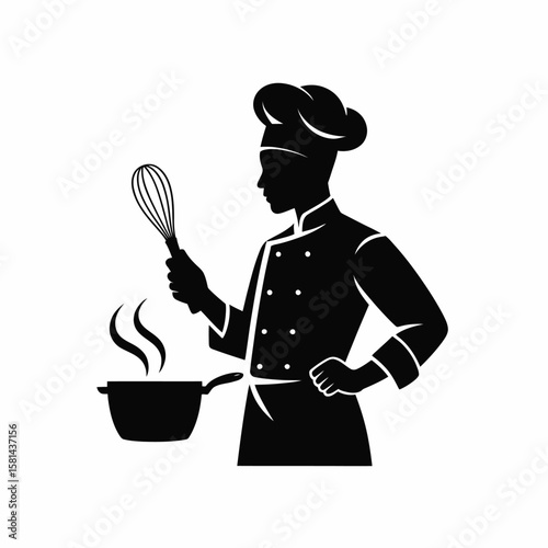 Silhouette of a chef in uniform whisking food in a steaming pot