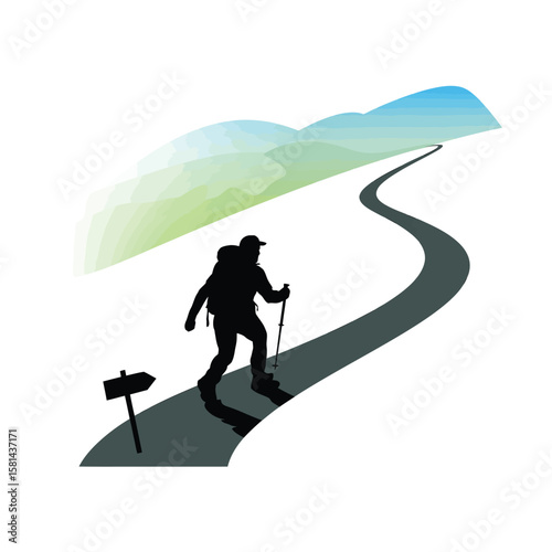 Silhouette of a hiker with a backpack and poles walking on a winding path towards mountains