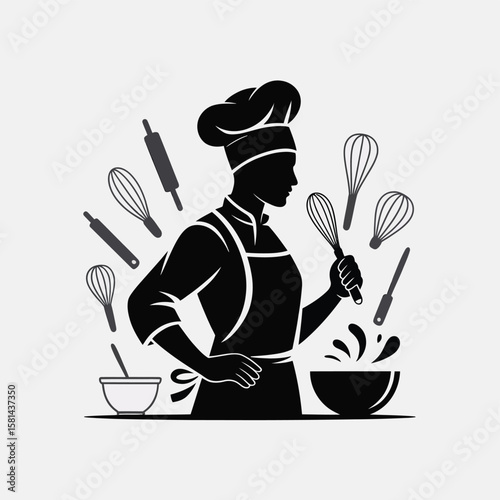 Silhouette of a chef preparing food with various baking utensils and bowls