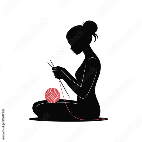 Silhouette of a woman knitting with yarn and needles on a white background