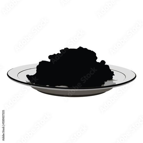 A pile of black caviar served on a white plate with a gray rim