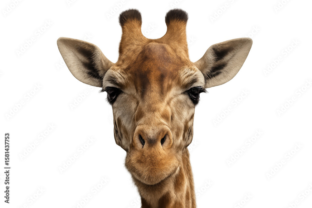 Naklejka premium Giraffe portrait revealing piercing eyes, textured skin, and distinctive markings against clean white backdrop