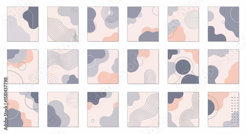 A collection of abstract, pastel-colored square compositions with organic shapes and minimalist design elements.