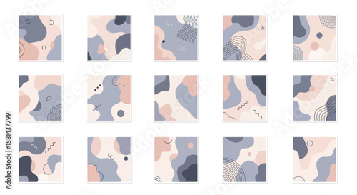 A collection of fifteen abstract square designs featuring organic shapes and pastel color palettes.