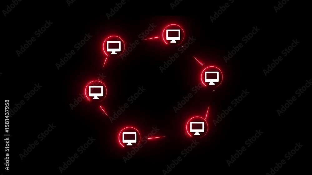 Animation of ring topology icon. networking topology Motion graphic of  red technology icon network connection  black color background.