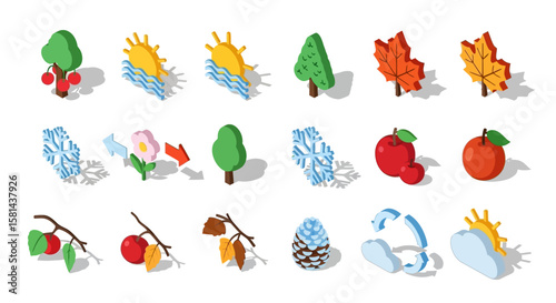 Isometric illustration depicting the four seasons: spring flower, summer sun, autumn leaves, and winter snowflake, including trees and apples.