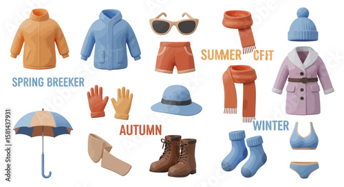 Stylized illustration showcasing various clothing items representing different seasons and weather conditions.