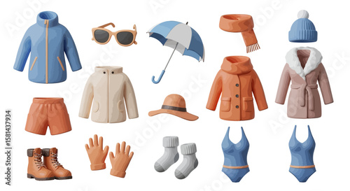 Collection of diverse 3D-rendered clothing and accessories for various weather conditions.