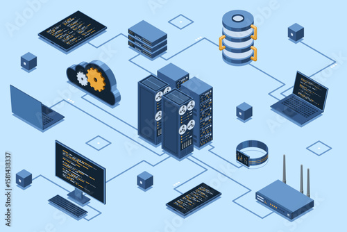 Isometric cloud technology with server. Isometric server and hosting storage technology. Web hosting concept. Isometric technology