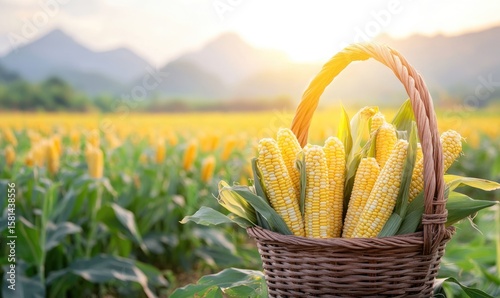 fresh corncob at organic corn field or maize field at agriculture farm in the morning sunrise