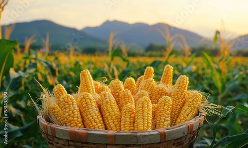 fresh corncob at organic corn field or maize field at agriculture farm in the morning sunrise