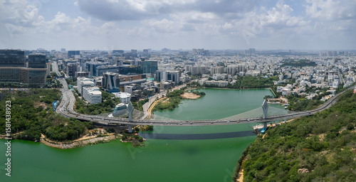 Fototapeta Naklejka Na Ścianę i Meble -  Aerial panoramic view of Hitec city at Durgam Cheruvu lake In Hyderabad, INDIA 